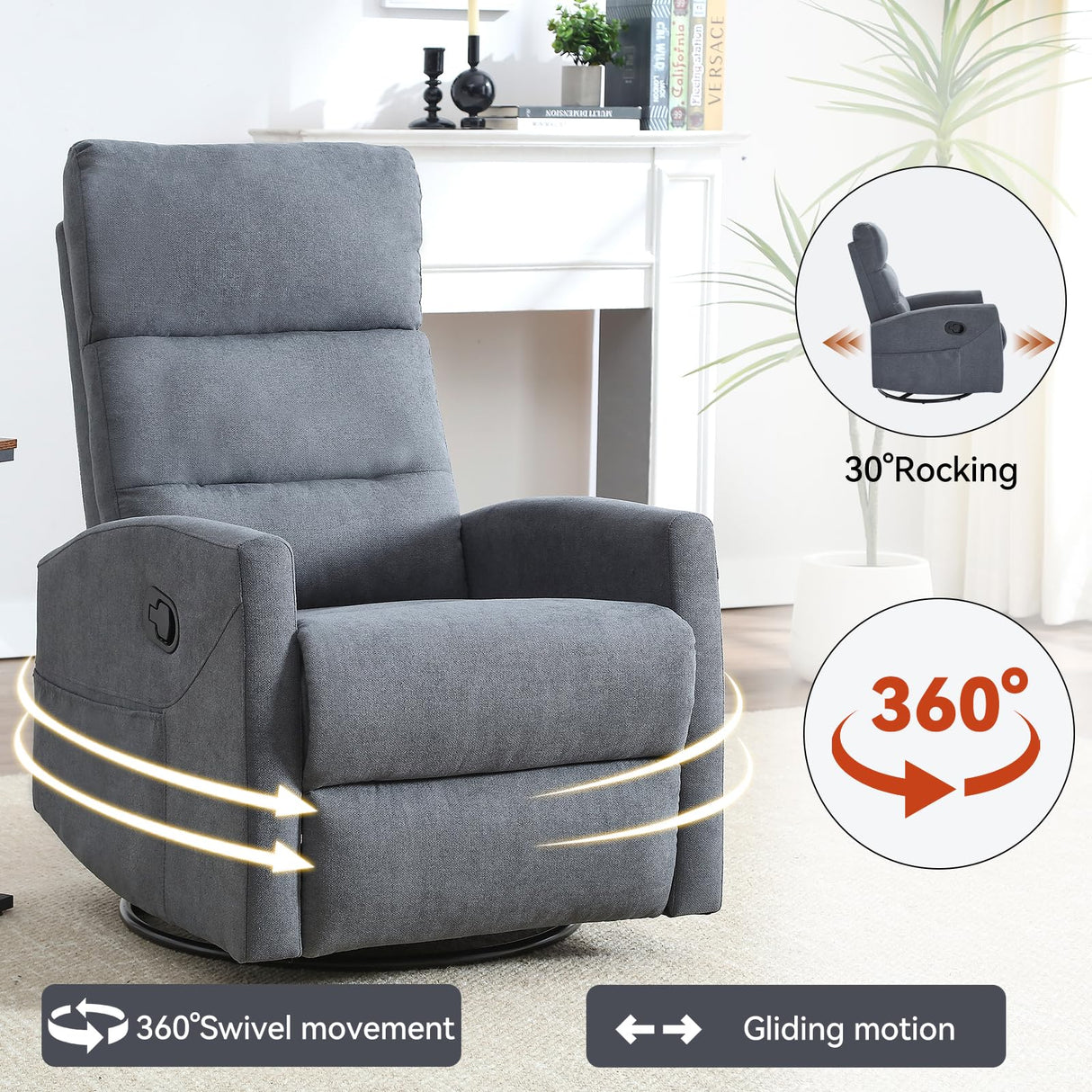 PELUMY Manual Recliner Chair with 360° Swivel & Rocking, Fabric Recliner for Living Room, Bedroom, Nursery, No Tools Assembly, 155° Recline, Compact for Small Spaces(Grey) PELUMY
