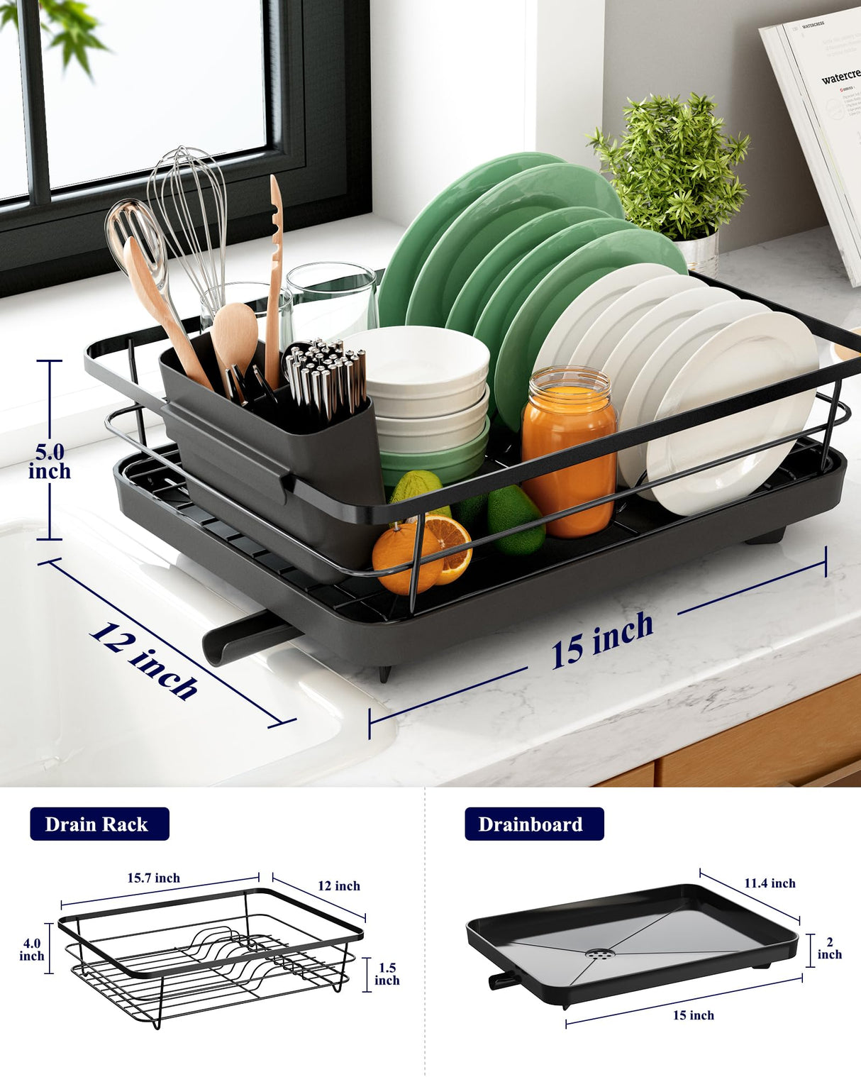 Kitsure Dish Drying Rack- Space-Saving Dish Rack, Dish Racks for Kitchen Counter, Stainless Steel Kitchen Drying Rack with a Cutlery Holder, 12''W x 15''L, Black Kitsure