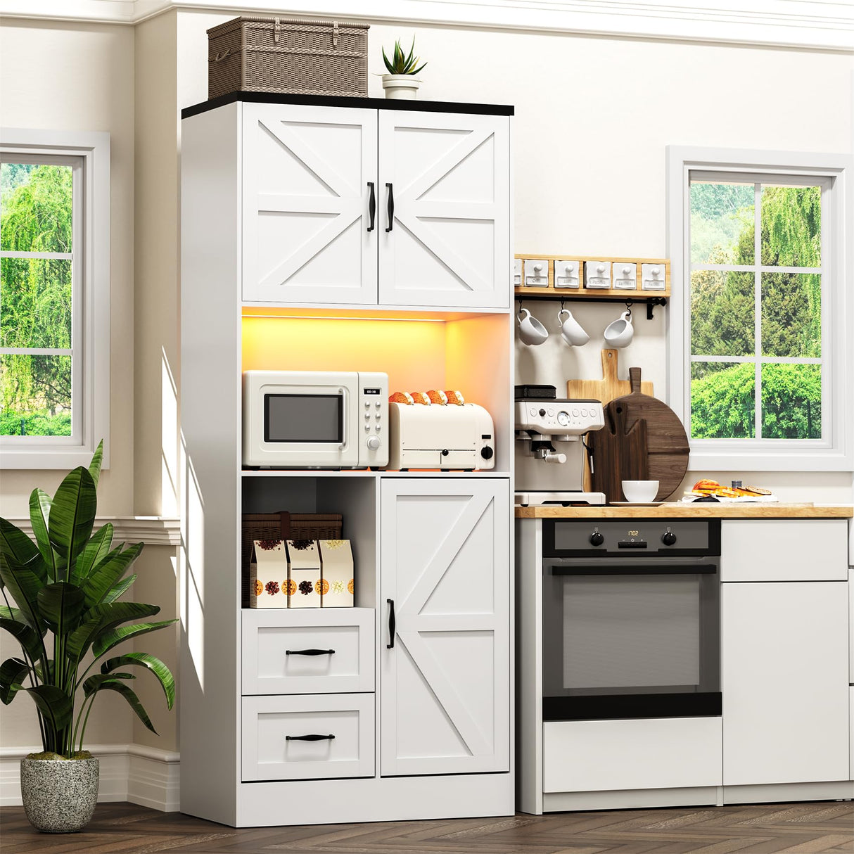 Frmobepts Kitchen Pantry Storage Cabinet with LED Lights and Power Strip, Tall Farmhouse Kitchen Pantry with Barn Doors and Drawers, Adjustable Shelves for Dining Living Room (White) Frmobepts