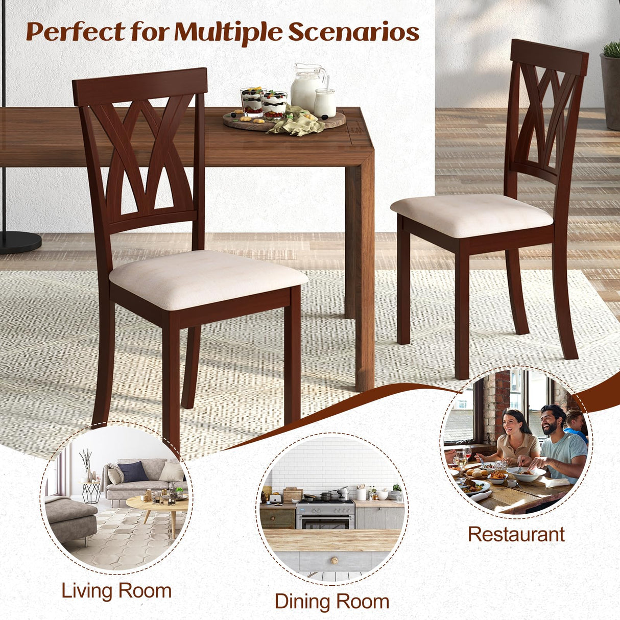 Giantex Wood Dining Chair Set of 2, Wooden Kitchen Chairs with Upholstered Seat, Rubber Wood Legs & Cross Back, Farmhouse Armless Side Chairs for Dining Room, Restaurant, Oak Giantex