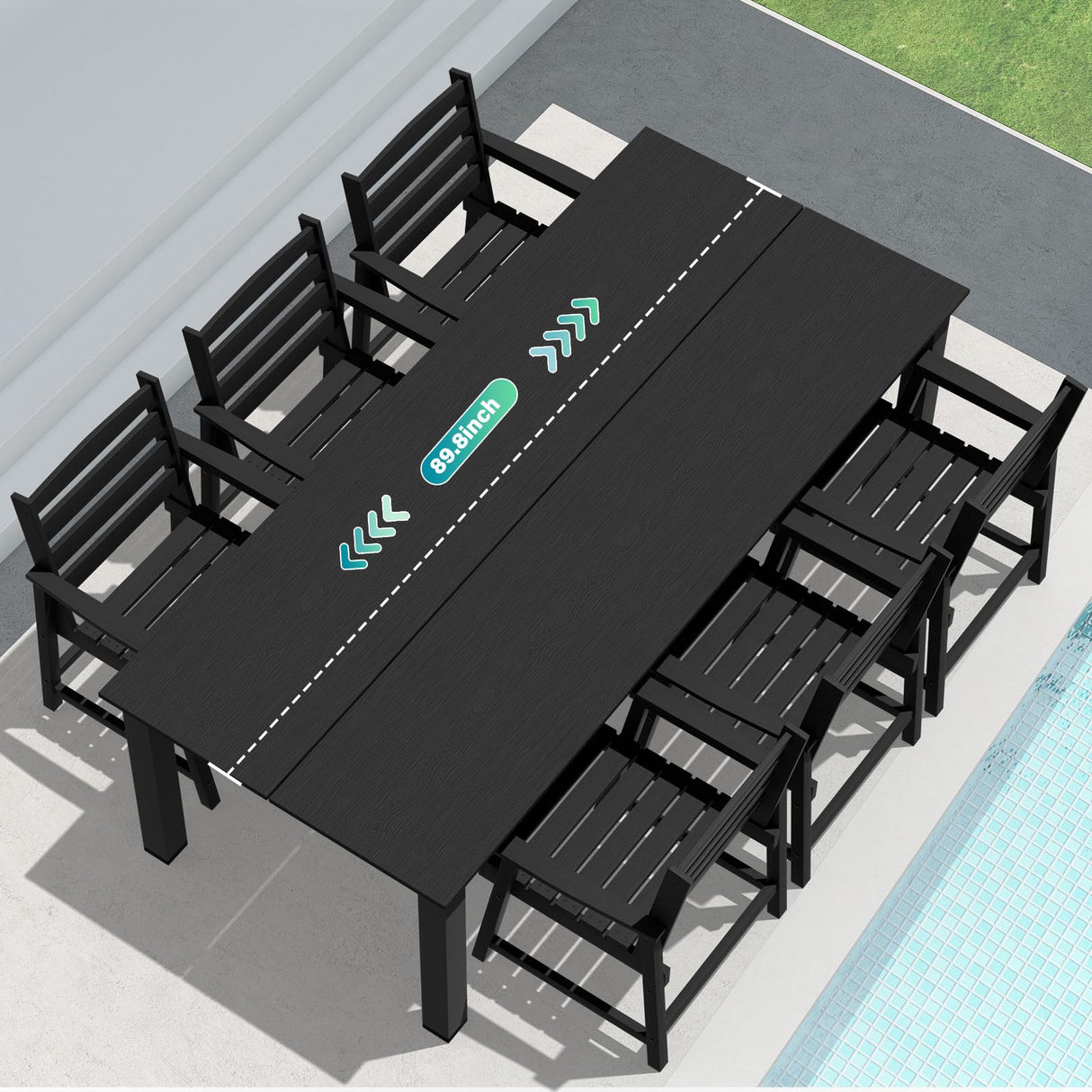 LOUNZY 9-Piece Patio Dining Set, 90'' Outdoor HDPE Luxury Table with 8 Weather-Resistant Chairs for Backyard, Deck, Lawn, Poolside, Black LOUNZY