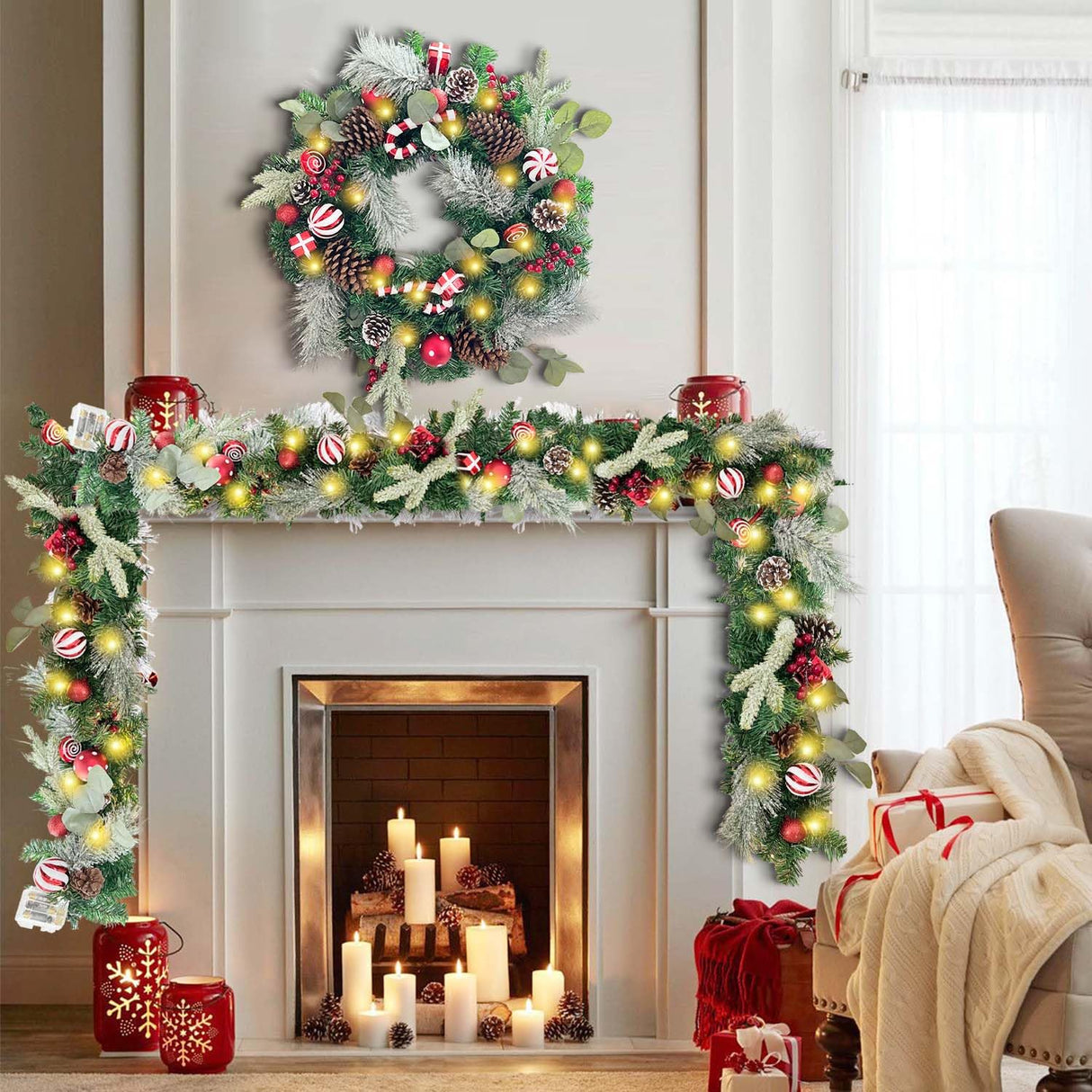WANNA-CUL Pre-Lit 6 Feet/ 72 Inch Christmas Garland with Lights for Front Door Red White Christmas Mantel Garland Decoration with Ball Ornaments,Candy Canes,Eucalyptus Leaves, Battery Operated 30 LED WANNA-CUL