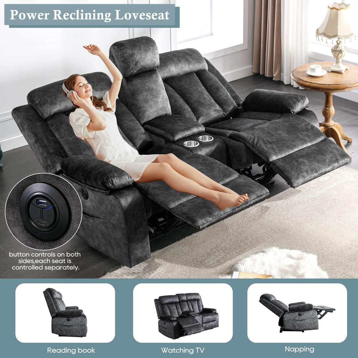 GUEAPY Reclining Loveseat-Power Reclining Loveseat with Console,Double Recliner Loveseat with Heat and Massage,Electric Loveseat Recliner with Cup Holders,USB & Type-C Charge Ports for Living Room,RV GUEAPY