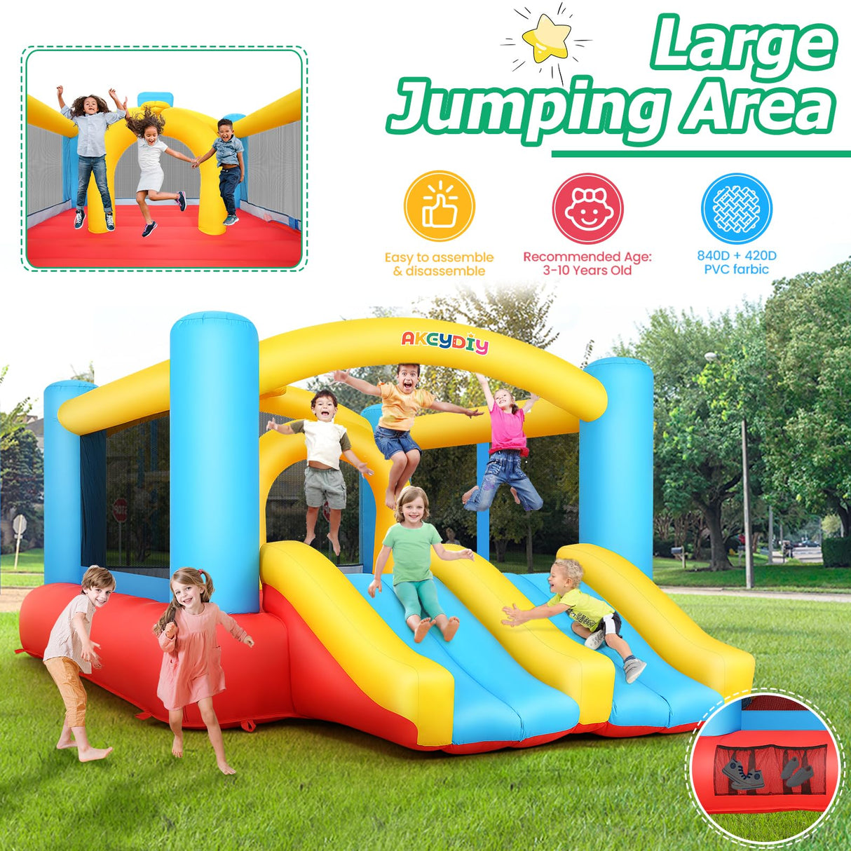 Bounce House, Inflatable Bounce House for Kids 3-12, Bouncy House with 2 Slides for Outdoor Backyard/Indoor, Bouncy Castle, Jump House for Toddlers Kids Party AKEYDIY