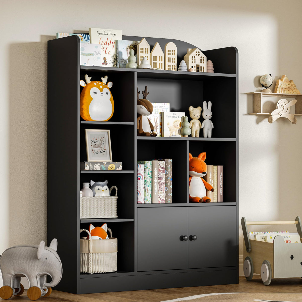 DIYART Black Kids Bookshelf, Kids Bookcase with 7 Cubbies and 2 Cabinets, Freestanding Book Storage Shelves for Bedroom, Playroom, Hallway DIYART