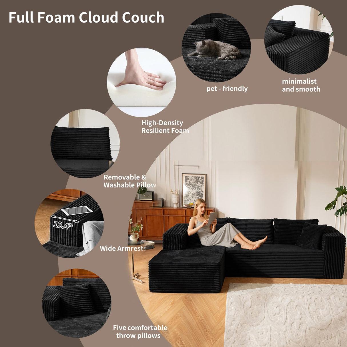 110” No Assembly Compression Boneless in a Box Cloud Sectional Couches for Living Room L-Shape Sleeper Sofa, Modern Modular Corduroy Reclining Comfy Fluffy Memory Foam Furniture for Bedroom Home Black lzgxhf