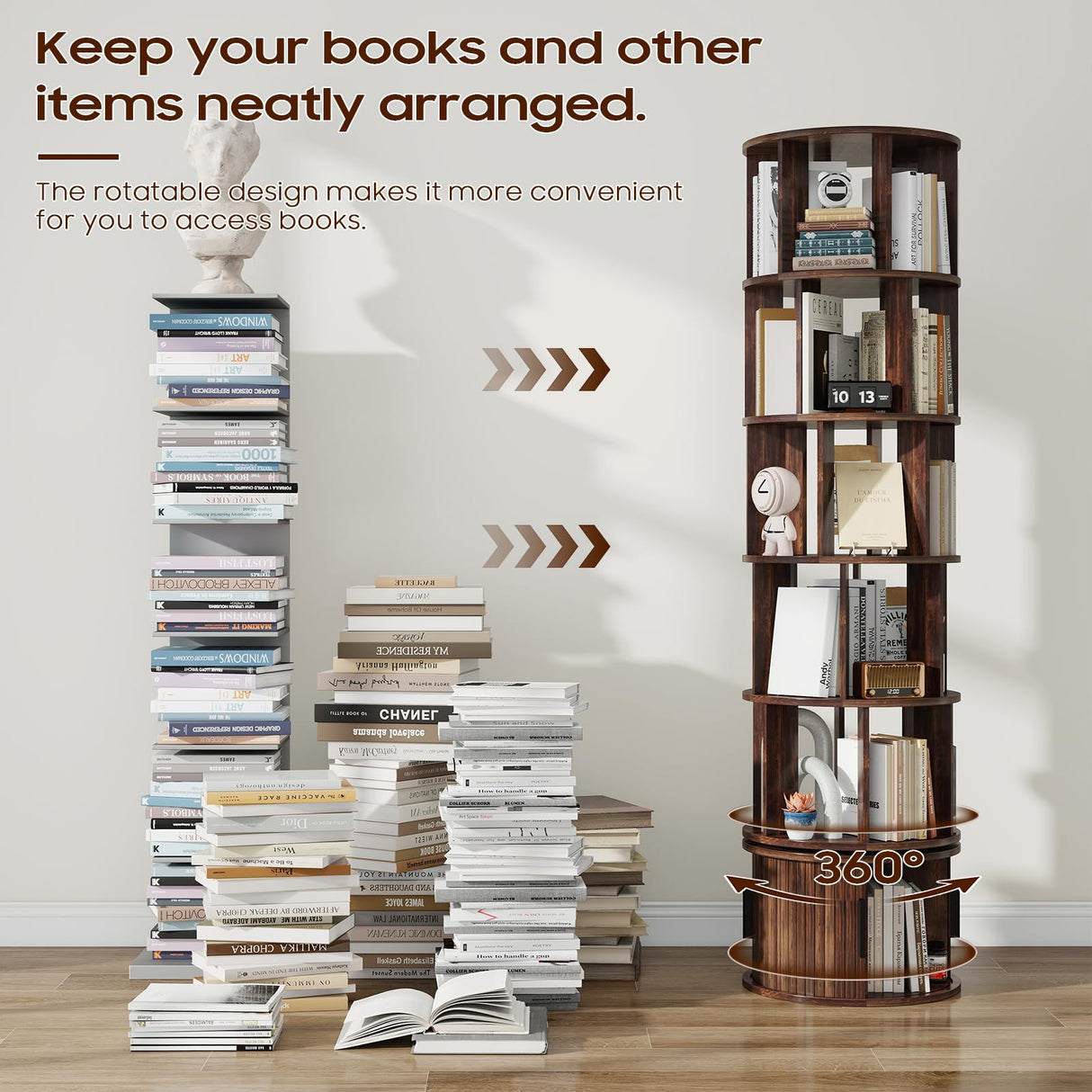 Vabches 6-Tier Rotating Bookshelf, Round Revolving Bookcase Organizer, 360° Spinning Book Shelf Tower, Rolling Bookshelves for Small Spaces, Living Room, Bedroom, Study, Office, Walnut Vabches