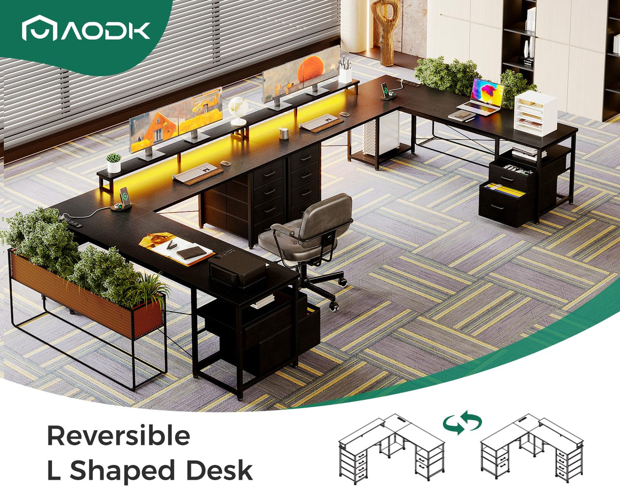 AODK 66" L Shaped Computer Desk, 113“ Reversible Home Office Desk with File Cabinet & 4 Fabric Drawers, Two Person Desk with LED Lights & Power Outlet, Corner Gaming Desk with Monitor Shelf, Black AODK