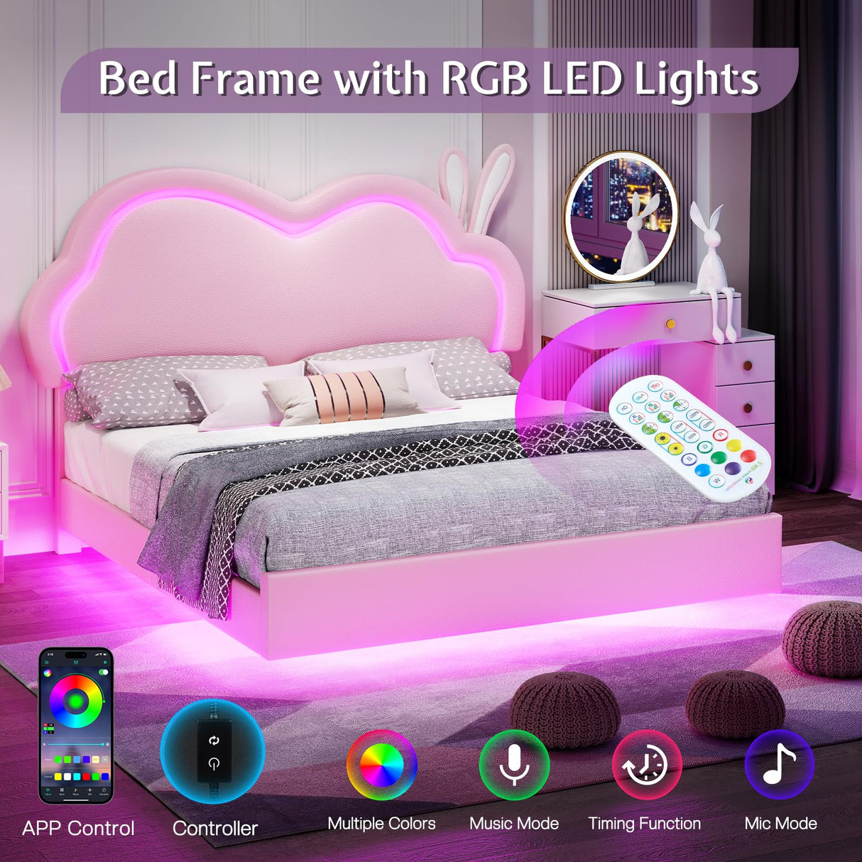Jocisland LED Full Bed Frame for Girls Upholstered Floating Bed with Cute Cloud Headboard, No Box Spring Needed, Leather, Pink Jocisland
