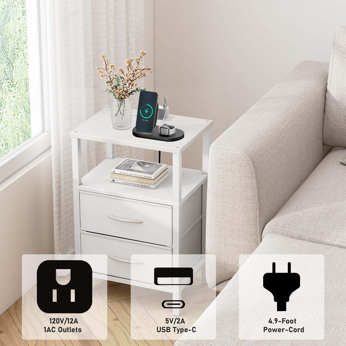 TUTOTAK End Table with Charging Station, Side Table with 2 USB Ports and Outlets, Nightstand with Cloth Drawer, Set of 2, Couch Table, White TB01BW067 TUTOTAK