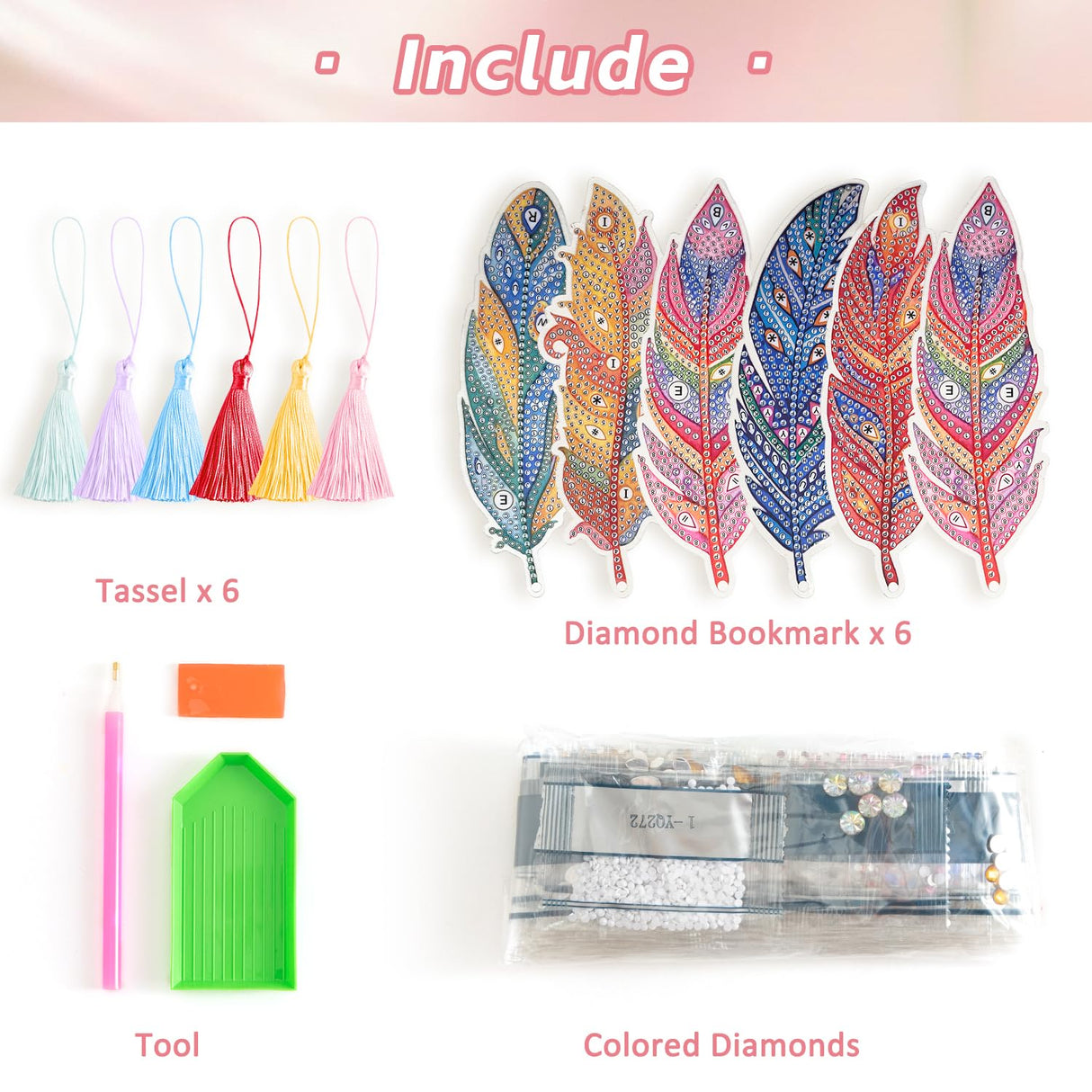 6 Pcs 5D Diamond Painting Art Kit, DIY Acrylic Crystal Diamond Bookmarks with Tassel, Flower & Feather Designs, Handmade Crafts BookMark Gift for Book Lovers, Women & Teenage, Creative Decor emmoolife