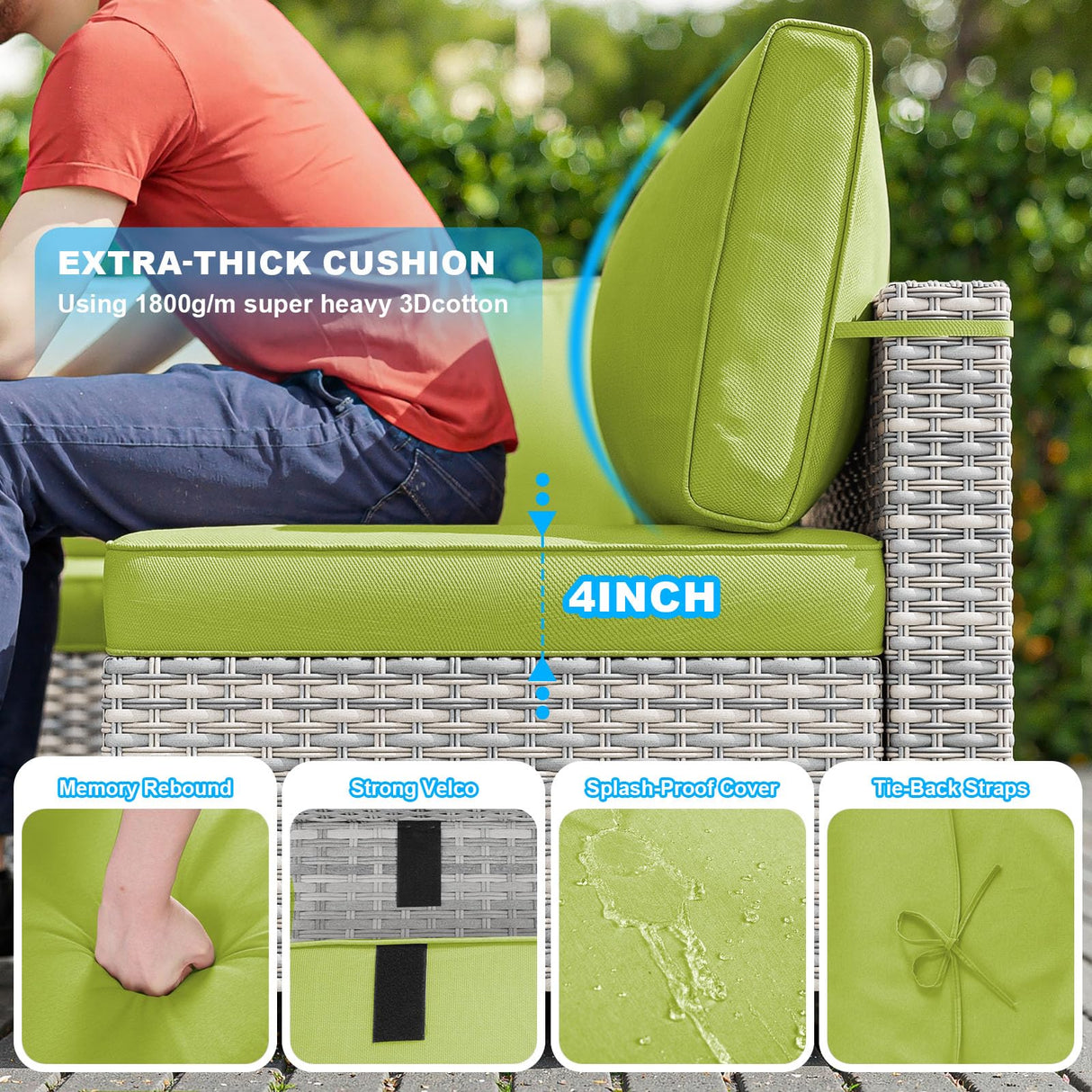 Sweecci 7-Piece Patio Furniture Set, Outdoor Sectional with Thick Cushions, Modular Patio Sofa, Dual-Strand Wicker Rattan, Rust-Resistant Frame, Backyard Furniture for Garden, Deck, Grass Green Sweecci