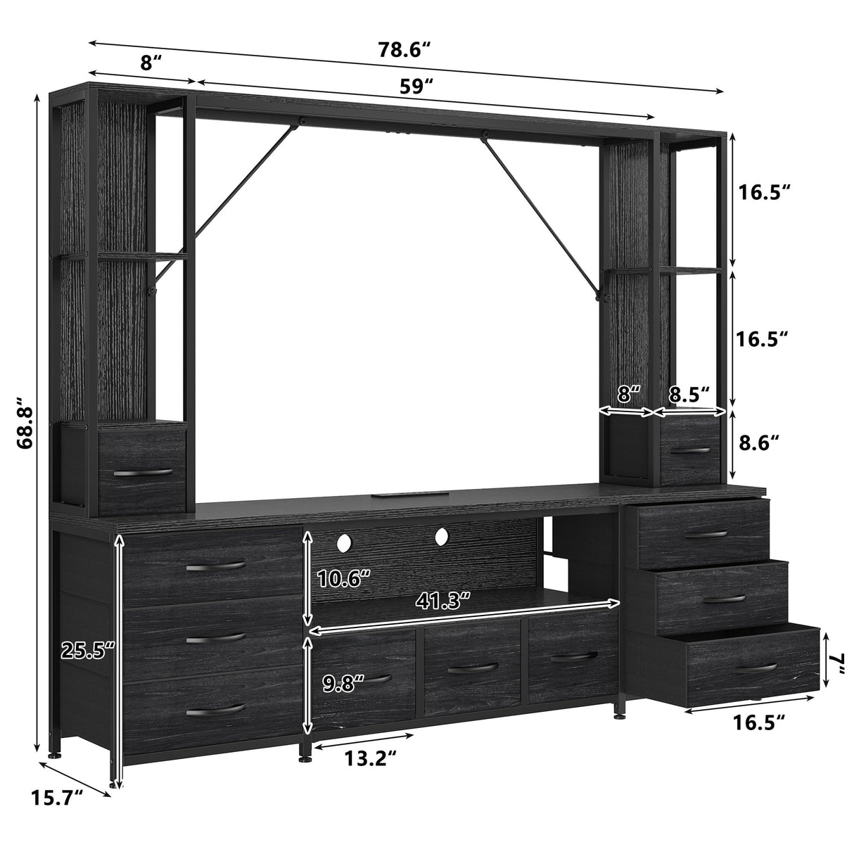 65" TV Stands for Living Room, Large Wall Unit Entertainment Center with 11 Fabric Drawer,Dresser TV Stand with 2 LED Lights & Power Outlets,TV Stand for Bedroom with Storage Shelf,Black EnHomee