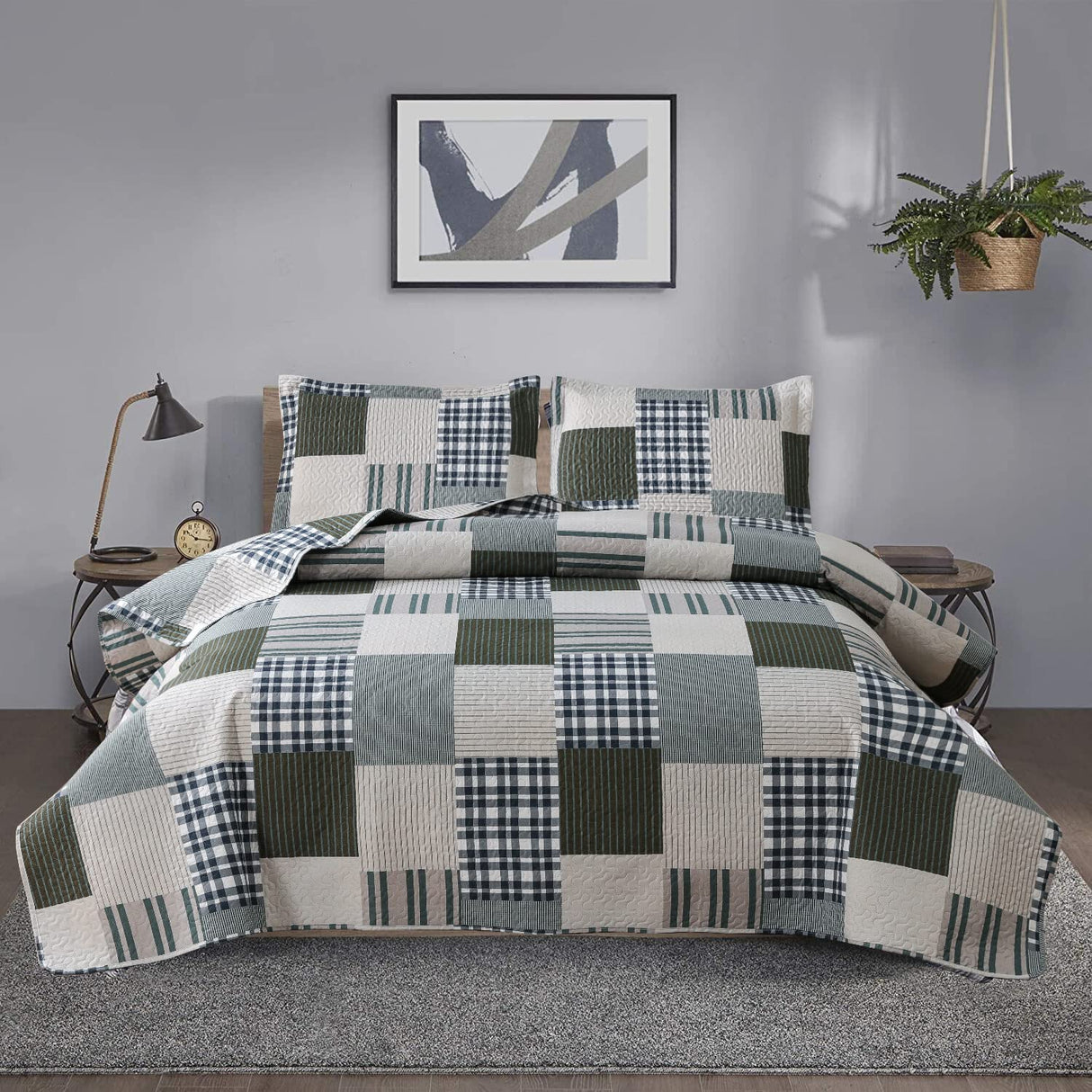 Jessy Home Bedspread Set Queen Size Quilt Set Bedding Lightweight Bedspread Plaid Patchwork Bedding Reversible Quilt Stripe Line Style Mens Quilts Coverlet Soft Breathable Bedspread Queen Bed Jessy Home