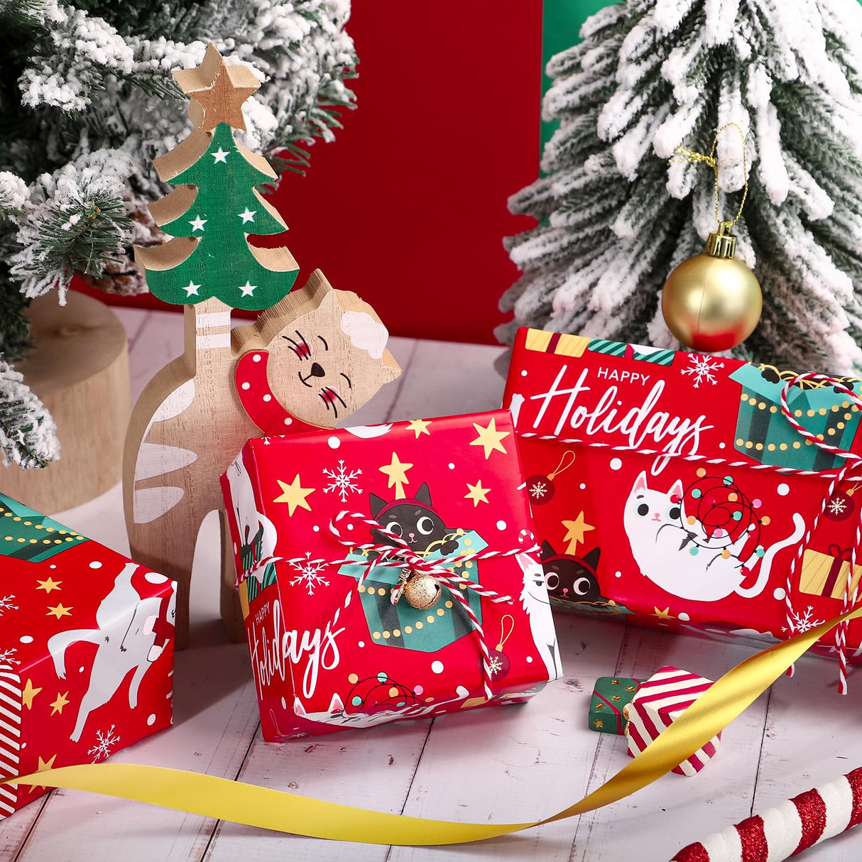 WRAPAHOLIC Reversible Cat Christmas Wrapping Paper - Mini Roll - 17 Inch x 33 Feet - Red Christmas Cat Wrapping Paper and Stripes Design for Holiday, Party Celebration WRAPAHOLIC