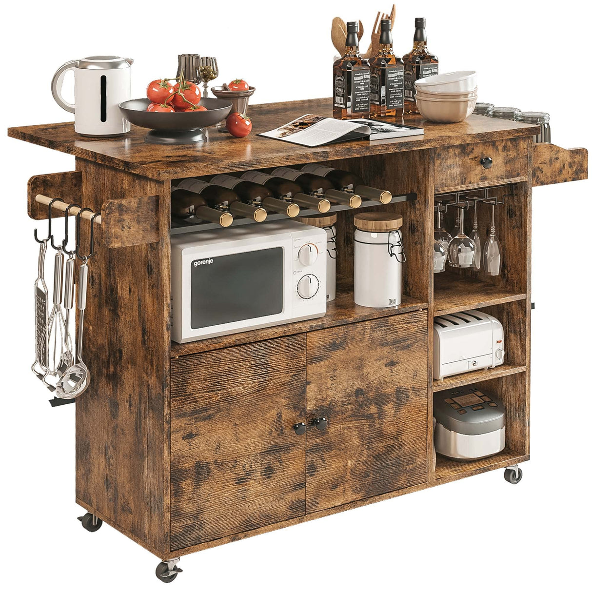 IRONCK Rolling Kitchen Island Cart with Drop-Leaf and Wine Rack, Microwave Rack Serving Cart on Wheels with Drawer & Shelves & Spice Rack & Cup Hanging, Vintage Brown IRONCK