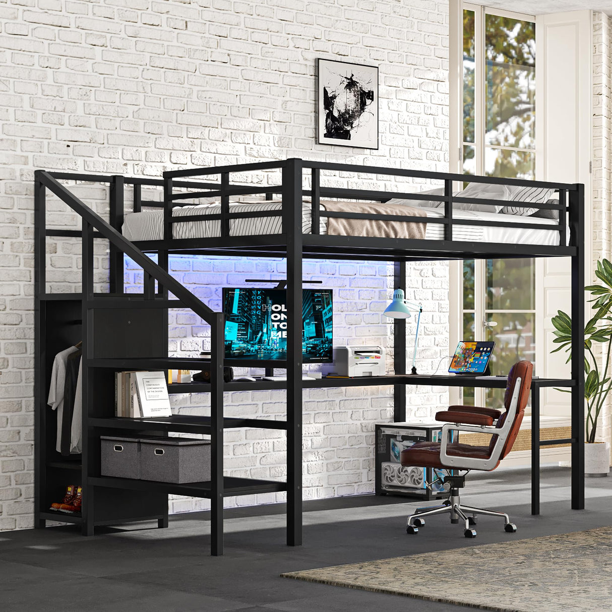 Bellemave Full Size Metal Loft Bed with L Shaped Desk and Wardrobe, Heavy Duty Loft Bed Frame with Storage Stairs, LED Loft Bed Frame with Charging Station & Safety Guard, Space Saving Loft Bed, Black Bellemave