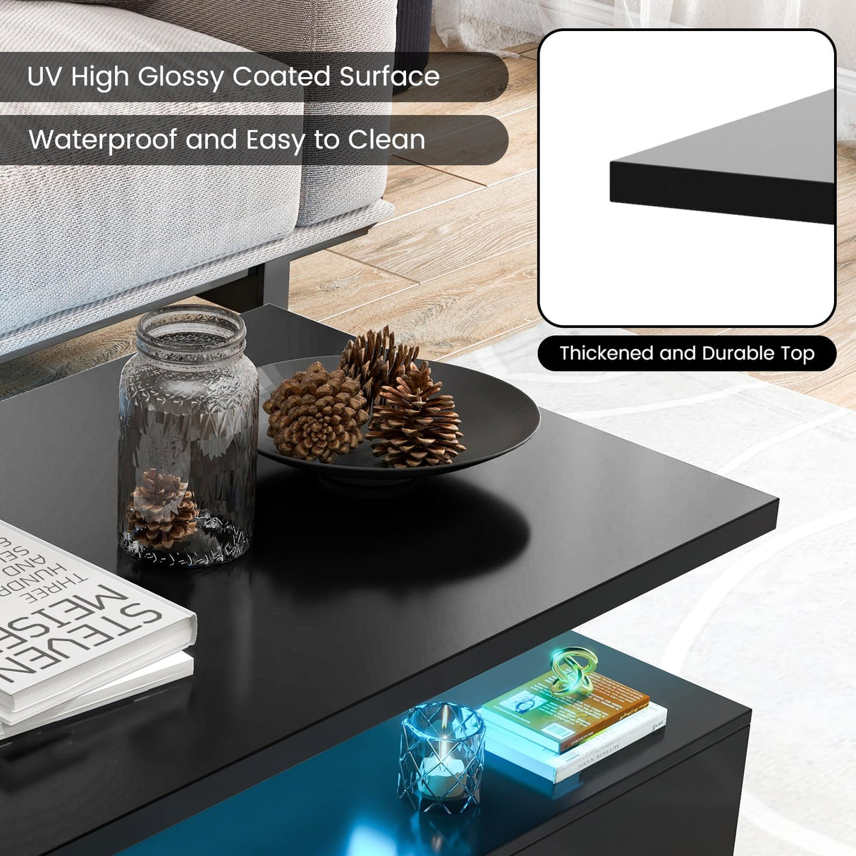 Giantex Modern LED Coffee Table - 2-Tier High Gloss Table w/Adjustable 20-Color Light, 8-Level Brightness & Speed, Remote Control, Contemporary 43.5”L Rectangular Center Table for Living Room (Black) Giantex