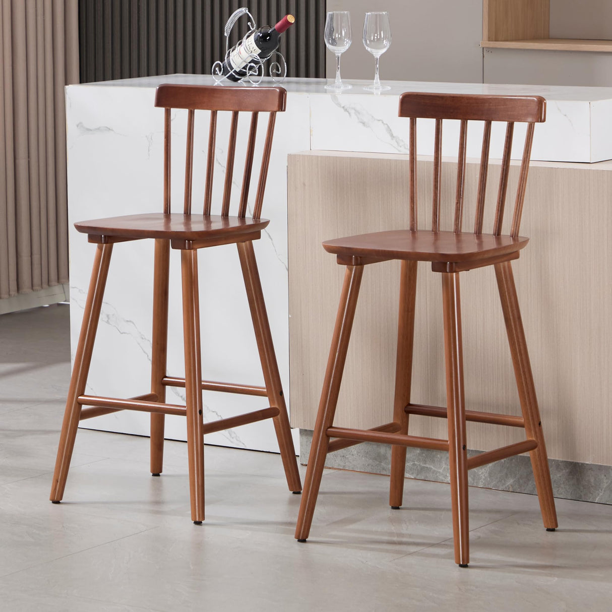 Janoray 26 Inch Bar Stools Set of 2 Windsor Barstools Farmhouse Wooden Counter Height Barstool with Spindle Back Armless Barchair for Kitchen Island/Pub/Cafe/Outdoor, Walnut Janoray
