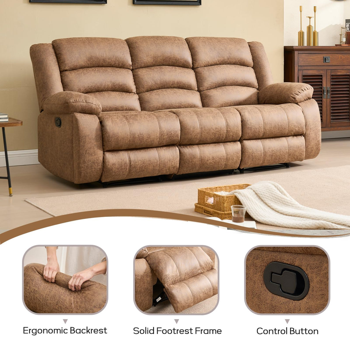 EBELLO Faux Leather Manual Reclining Sofa with 2 Concealed Cup Holders,Overstuffed Armrest 3 Seat Recliner Sofa, Couch for Living Room, Bedroom, Meeting Room, Light Brown(Sofa) EBELLO