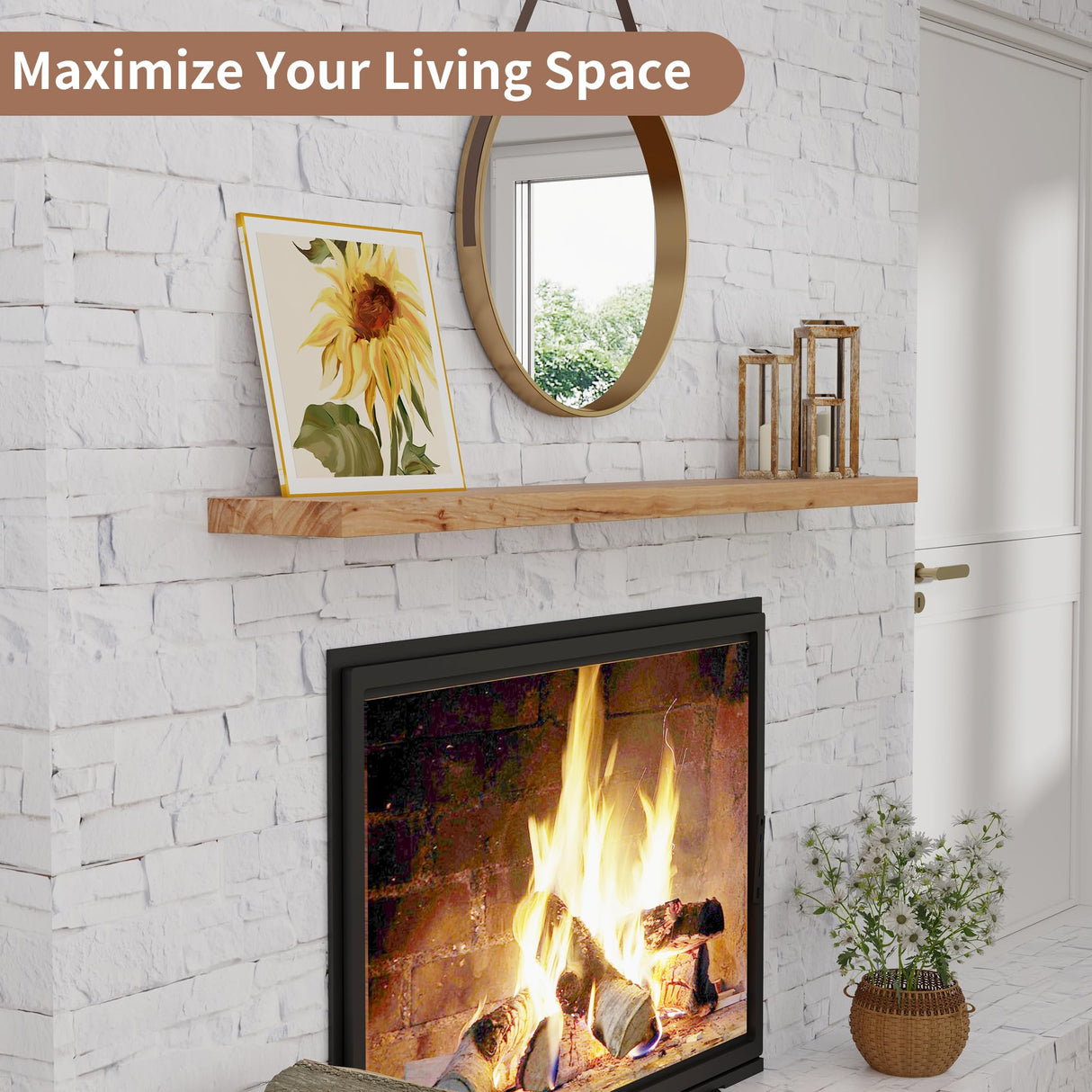 Axeman 55 Inch Fireplace Mantel Shelf - 8 Inch Deep Rustic Solid Elm Wood Floating Shelf, Wall Mounted Farmhouse Display Shelf with Invisible Heavy Duty Metal Bracket, Natural Axeman