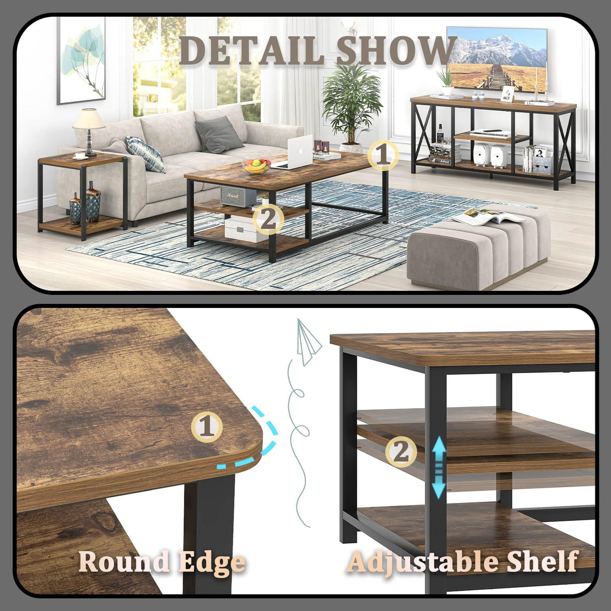 EXCEFUR Modern Coffee Table, Rustic Wood and Metal Living Room Table with Storage Shelf, Industrial Brown, 47 Inch