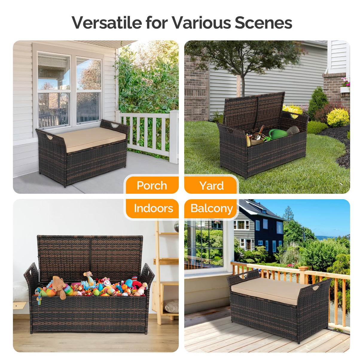 VINGLI 40 Gallon Outdoor Storage Bench with Cushion, Rattan Storage Box, Patio Wicker Deck Box with Seat for Garden | Balcony | Porch | Pool | Yard (Brown Frame + Beige Cushion) VINGLI