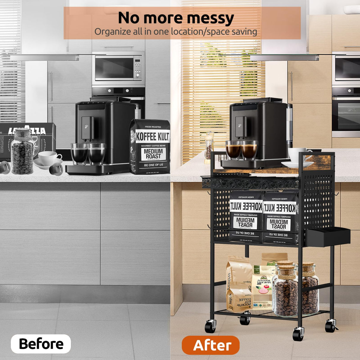 Kwynsa Coffee Bar Cabinet with Power Outlet, Coffee car with Lockable Wheels,Coffee Pod Holder,for Office,Living Room and Small Space,(Rustic Brown) Kwynsa