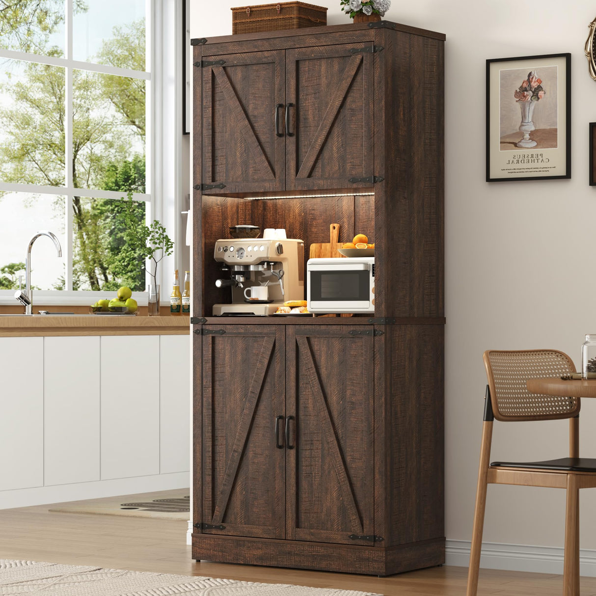 72" Tall Farmhouse Kitchen Pantry Cabinet with LED Light and Power Outlet,Modern Farmhouse Kitchen Storage Cabinet w Load-Bearing Steel Pipe,Barn Doors, Organizer,Food Pantry Cabinets(Rustic Brown) chartustriable