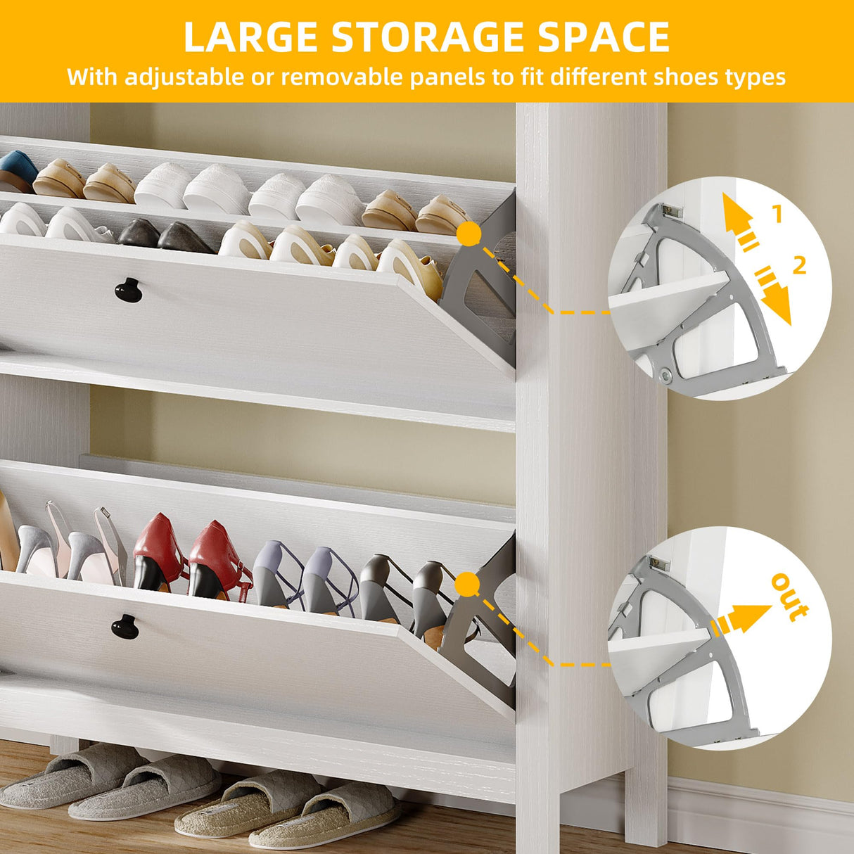 DWVO Narrow Shoe Cabinet with 2 Flip Drawer Slim White Shoe Storage Cabinet with Drawer, Adjustable or Removable Hidden Shoe Rack Free Standing Shoe Cabinet Organizer for Entryway, Hallway DWVO