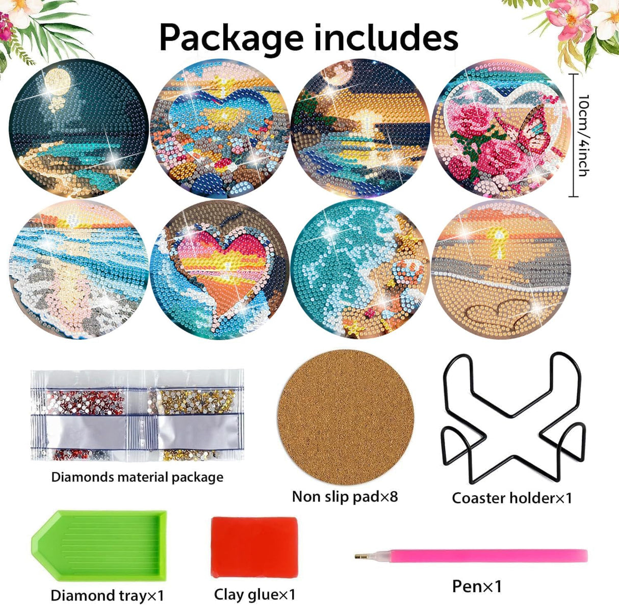 igoodom 8 Pcs Beach Diamond Art Coasters Kit with Holder, DIY Beach Diamond Painting Coasters for Beginners Adults, Non Slip Diamond Art Kits Craft Supplies 4x4inch igoodom