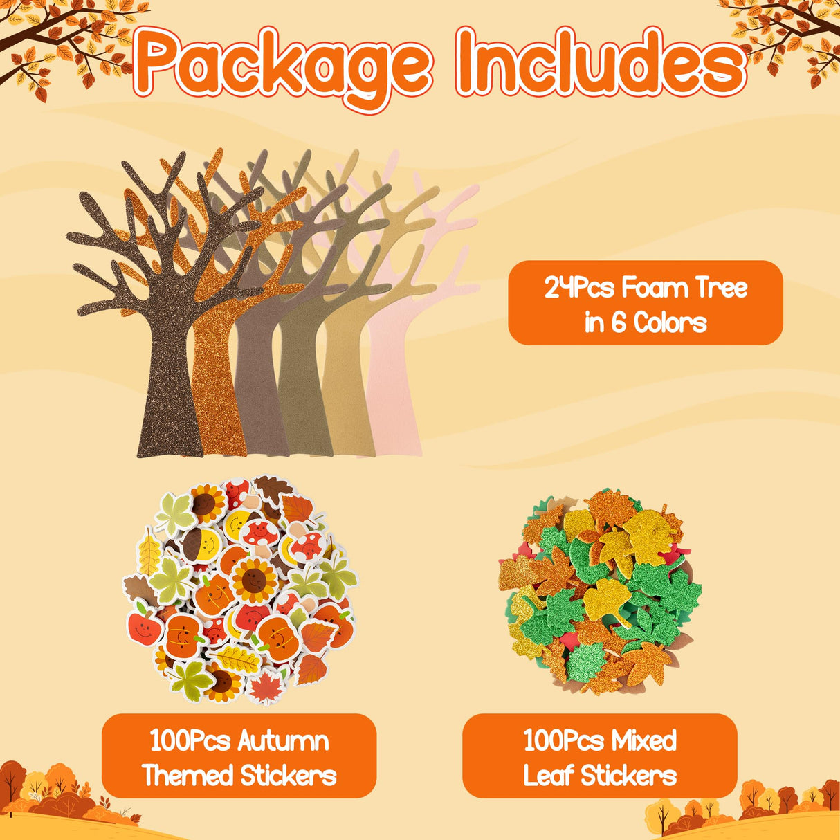 JAPBOR Fall Tree Crafts for Kids - 224PCS DIY Autumn Foam Stickers Art Craft Kit, Glitter Self Adhesive Tree Bulk, Make Your Own Thanksgiving Party Game Supplies for Home Classroom School Activities JAPBOR