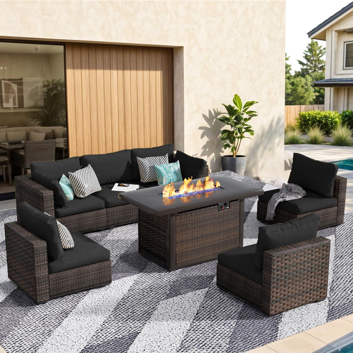 GREZJXC 7 Pieces Outdoor Sectional Patio Furniture Set with Fire Pit Table PE Rattan Wicker Patio Sectional Conversation Set with Cushion Black GREZJXC