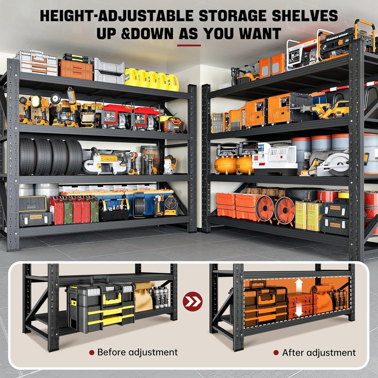 RAVIGIN 48" W Storage Shelves, 3000LBS Garage Shelving Heavy Duty Metal Adjustable Garage Shelves, Shelving Units Industrial Shelving for Warehouse, 48" W x 24" D x 69" H, Black RAVIGIN