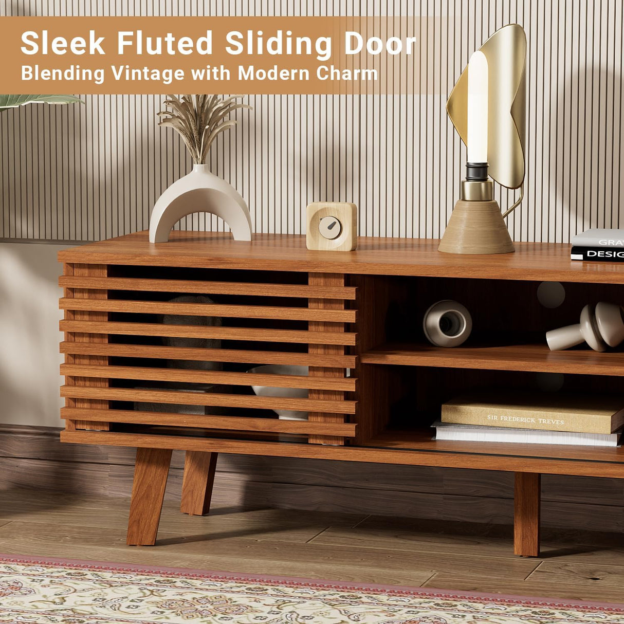 BVFUKA Mid Century Modern TV Stand for 55/60/65 inch TV, Entertainment Center with Sliding Door and Storage Shelves, TV and Media Consol for Living Room, Boho Wood Credenza for Living Room BVFUKA