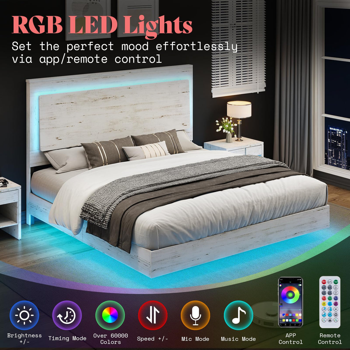 AMERLIFE Distressed White Full Bed Frame with Floating Design, Recline Headboard & Versatile RGB LED Lighting AMERLIFE
