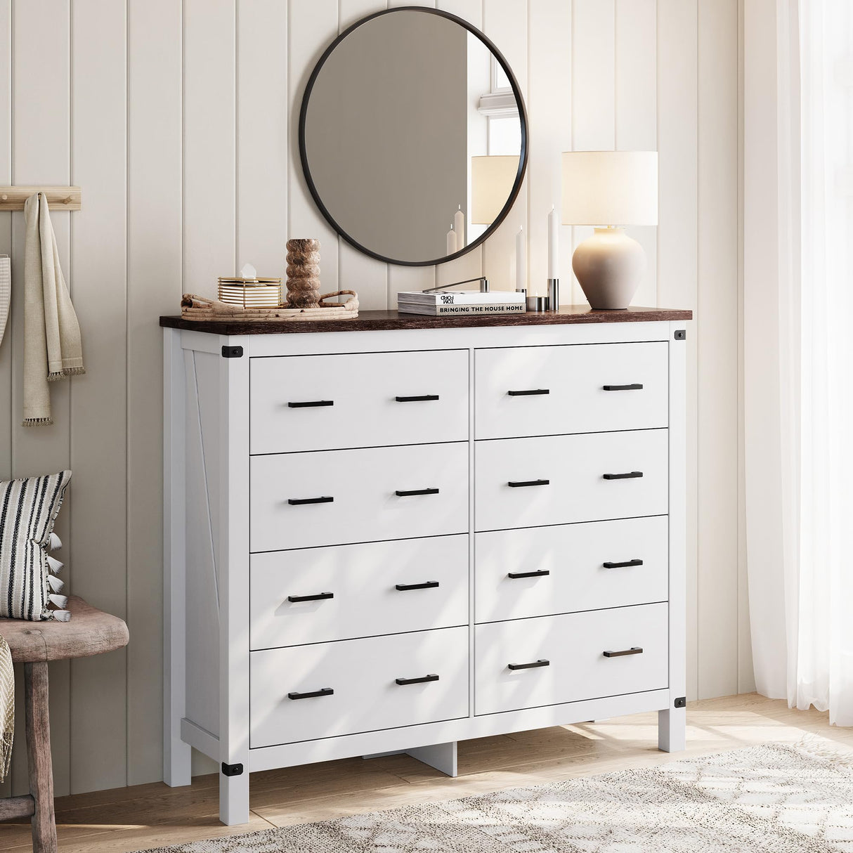 LINSY HOME Farmhouse 8 Drawer Double Dresser for Bedroom, 50” Wide Rustic Wood Chest with Deep Drawers, Modern Dressers with Storage and Metal Handles for Closet, Living Room, Hallway, Off White LINSY HOME