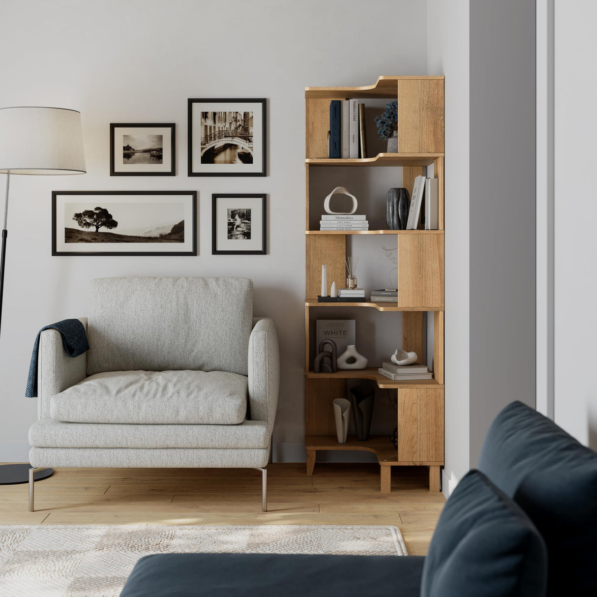 Prepac Nordik 6-Tier Natural Oak Modern Mid Century Corner Bookcase, 71.5" Extra Tall Corner Shelf with Storage, Multifunctional Freestanding Bookshelf for Home Office, Living Room, Bedroom Prepac