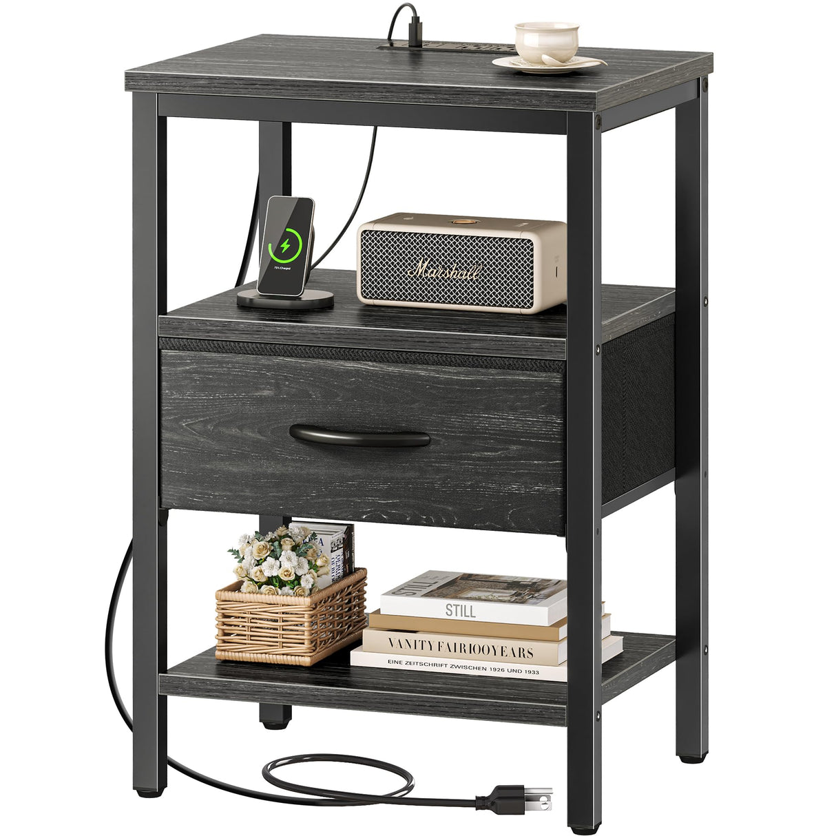 SUPERJARE Nightstand with Charging Station, Bed Side Table with Adjustable Fabric Drawer, Night Stand for Bedroom, 3-Tier Storage End Table, for Living Room, Charcoal Black Wood Grain Print SUPERJARE