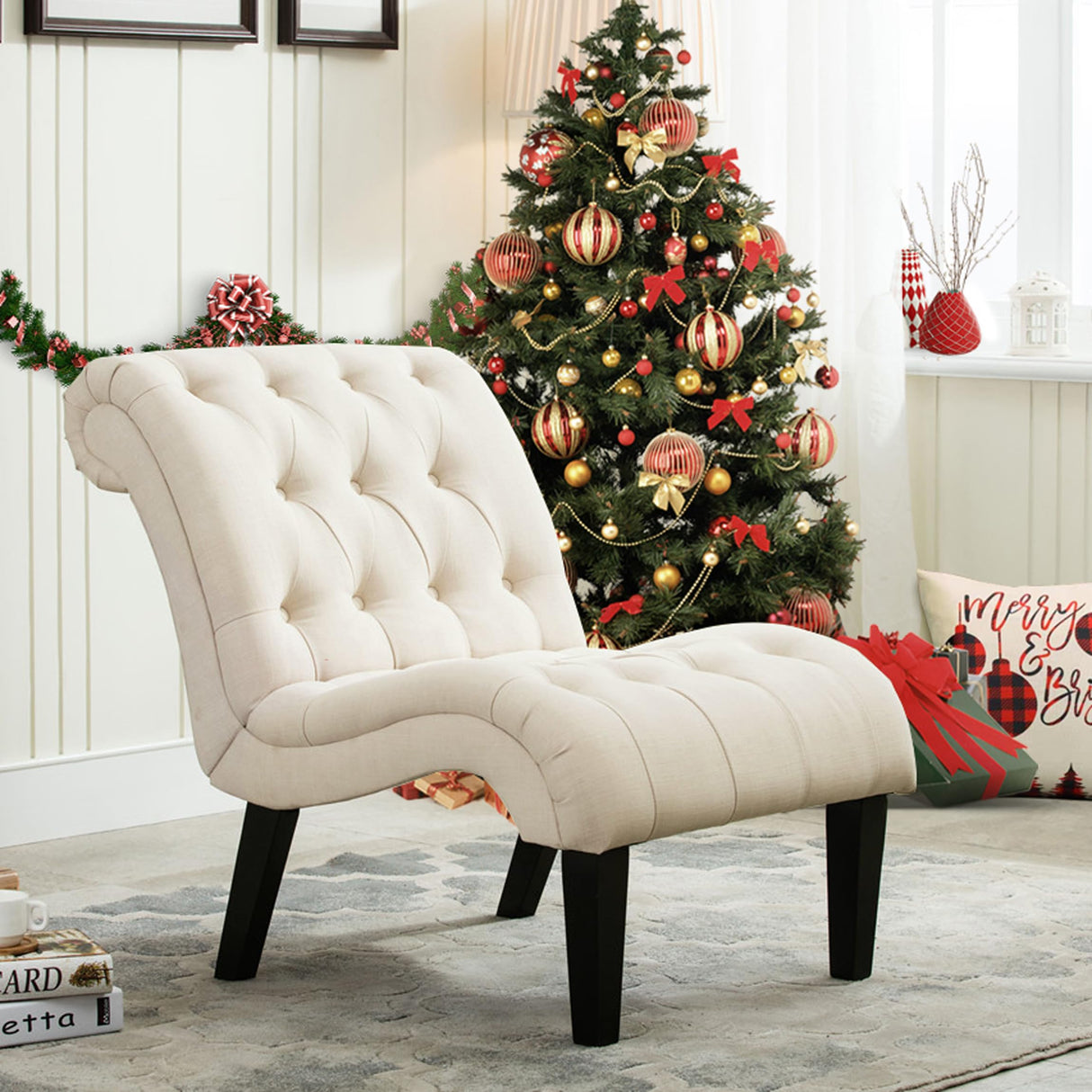 Yongqiang Accent Chair for Bedroom Living Room Chairs Tufted Upholstered Lounge Chair with Wood Legs Linen Fabric Yongqiang