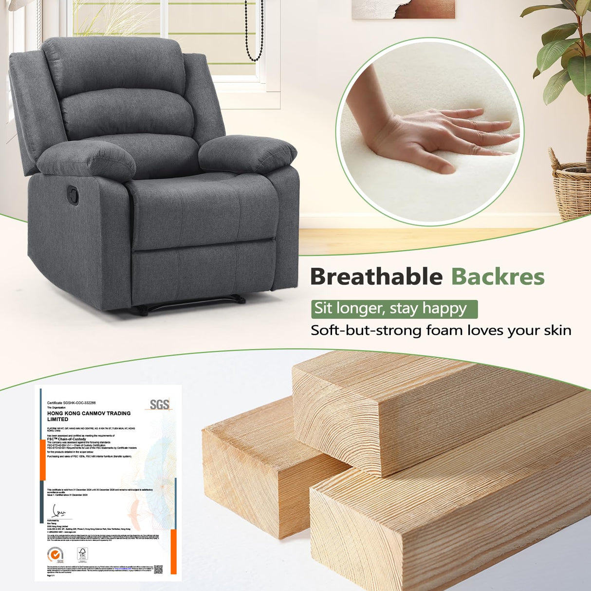 ANJ Fabric Recliner Chair Set of 2, with Overstuffed Arm and Back, Comfy Gray Manual Reclining Chairs for Adults, Living Room Single Sofa Recliners ANJ