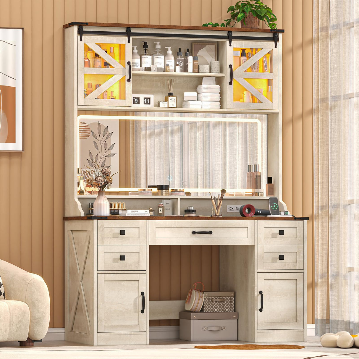 75.2" Farmhouse Vanity Desk with Mirror and Lights, Makeup Vanity Table with 5 Drawers & 2 Sliding RGB Door & Power Outlet, 3 Color Lighting Modes, Big Vanity for Bedroom, Antique White CSZZD