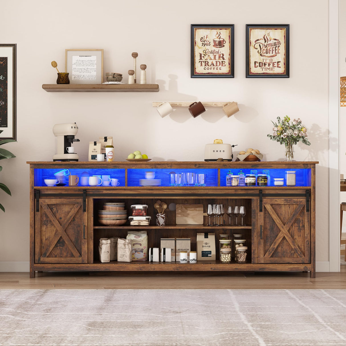 80" LED Farmhouse TV Stand for 90/85/80 Inch TVs,Tall Entertainment Center Storage Cabinets w/Power Outlets and Sliding Barn Door,Rustic TV Stands for Living Room,Media Console Cabinet (Brown) Hlivelood