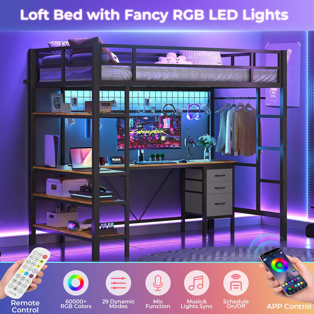 VIAGDO Loft Bed Twin Size with L-Shaped Desk, Charging Station and LED Lights, Twin Loft Bed with 4-Tier Bookshelf and 3 Drawers, Clothes Rail, Safety Guardrail&Ladder, No Box Spring Needed, Black VIAGDO