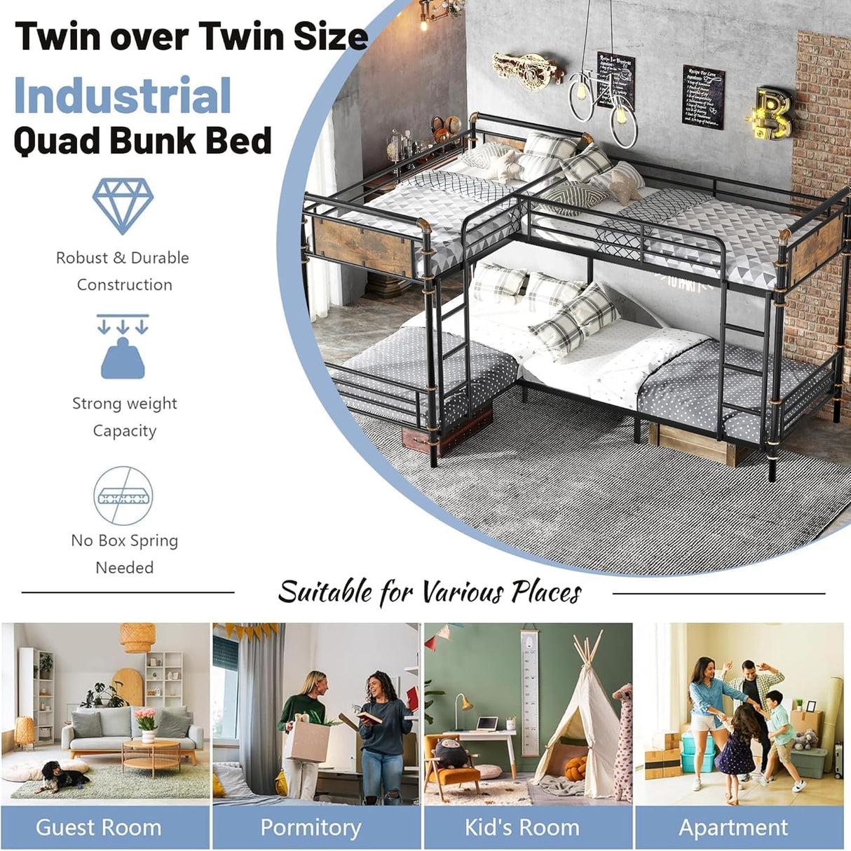 Duxelifin Quad Bunk Bed for 4, Metal L-Shaped Bunk Bed Frame, Twin 4 Bunk Beds for Kids, Industrial Bunk Frame Detachable Corner 4 Bunk Bed with Comfort Rungs for Teens Girls Boys(Black Duxelifin