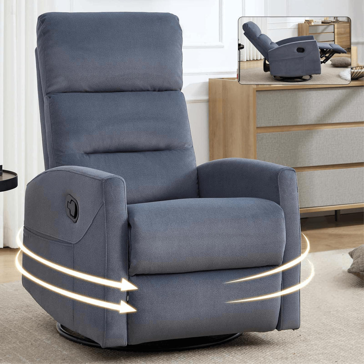 360° Swivel Rocker Recliner Chairs for Adults, Manual Nursery Glider Chair with Side Pockets and High Back, Small Lazy Boy Rocker Recliner for Small Spaces, Living Room, Bedroom (Blue Grey+Fabric) YskdhfczQ