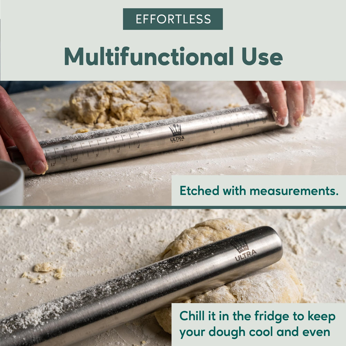 Ultra Cuisine French Rolling Pin for Baking – Tapered Stainless Steel Design with Measurements, Professional or Home Use with Pizza, Cookie, & Pastry Dough, or Fondant and Pie Crust – Dishwasher-Safe Ultra Cuisine
