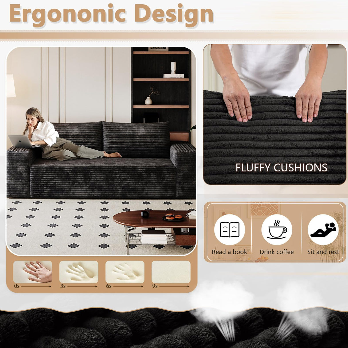 Cloud Loveseat Sofa, Modern Corduroy 2-Seater Couch with Deep Seat, No Assembly Required Memory Foam Sofa, Boneless Sofa in a Box for Bedroom, Apartment, Office,Small Space (Black,63in) atosela