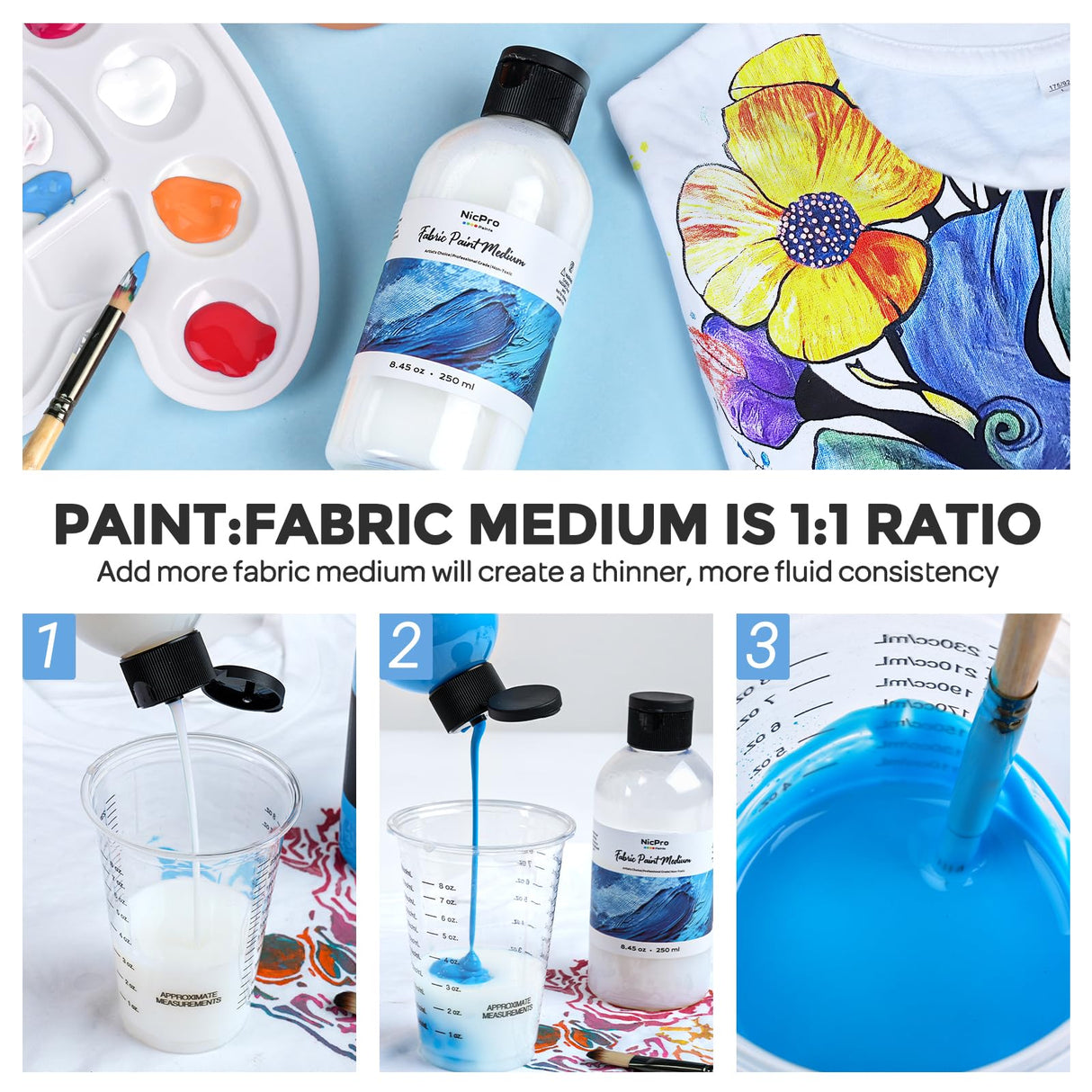 Nicpro Professional Effects Fabric Medium, 8.45oz Bottle Fabric Painting Acrylic Fluid Medium, Improves Acrylic Paint Adhesion to Fabrics, Textiles for Fabrics DIY Clothing, T-shirts, Shoes Jeans Bags Nicpro