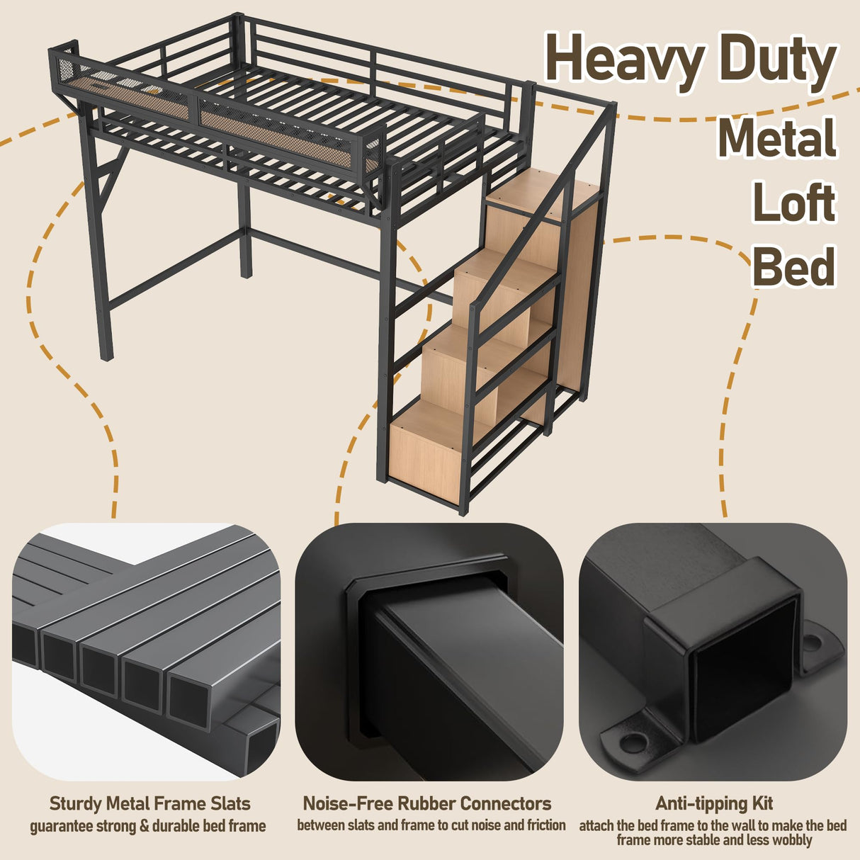 Bellemave Twin XL Loft Bed Frame with Storage Stairs, Beside Shelf & Wardrobe, Metal Loft Bed Twin XL with USB Ports & LED Light, Large Under-Bed Space Loft Beds for Adults, Teens, Kids, Black Natural Bellemave